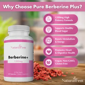 NaturalFem Pure Berberine Plus 1200mg – High-Potency Berberine HCl from Berberis Aristata Root & Bark – Supports Blood Sugar Balance, Metabolic & Cardiovascular Health – Vegan, Non-GMO, Gluten Free – 60 Capsules