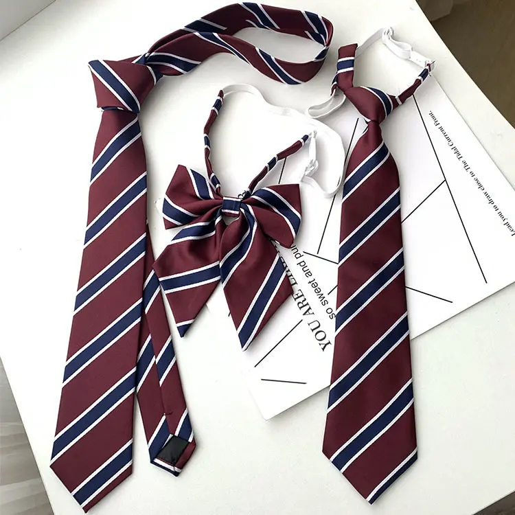Preppy Burgundy & Navy Striped Necktie and Bow Set for Girls, Adjustable Pre-Tied Woven Accessories with Bow Tie Design for School Uniforms, Slim Fit, Elastic Band, Woven Fabric