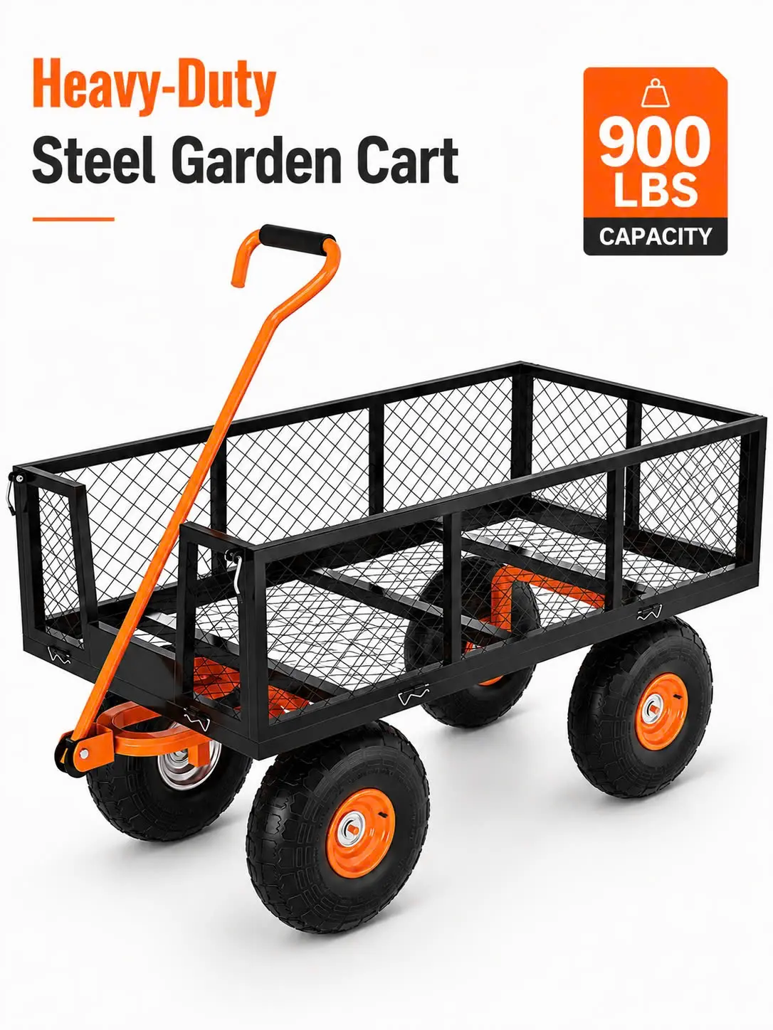 Heavy Duty Steel Garden Cart - 900 lbs Capacity Utility Trolley (Home Improvement Building Supplies) with Removable Mesh Sides, Flatbed Design, 180° Handle, 10-in Tires for Garden Use, Garage, Warehouse