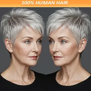 "Women 6 Inch Short Pixie Cut Human Hair Wig With Bangs 150% Density Straight Gray Light Brown Mix Natural Look Machine Made Rose Net Cap Comfortable Durable For Daily Party Cosplay Halloween Easy Wear "	