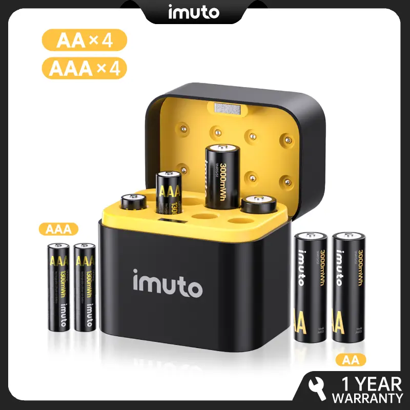 IMUTO 1.5V Rechargeable Lithium Batteries (8-Pack: 4 AAA + 4 AA) with Fast Charging, Storage Box, High-Capacity, Eco-Friendly for Smartphones, Electronics, Toys - Ideal for Home Use