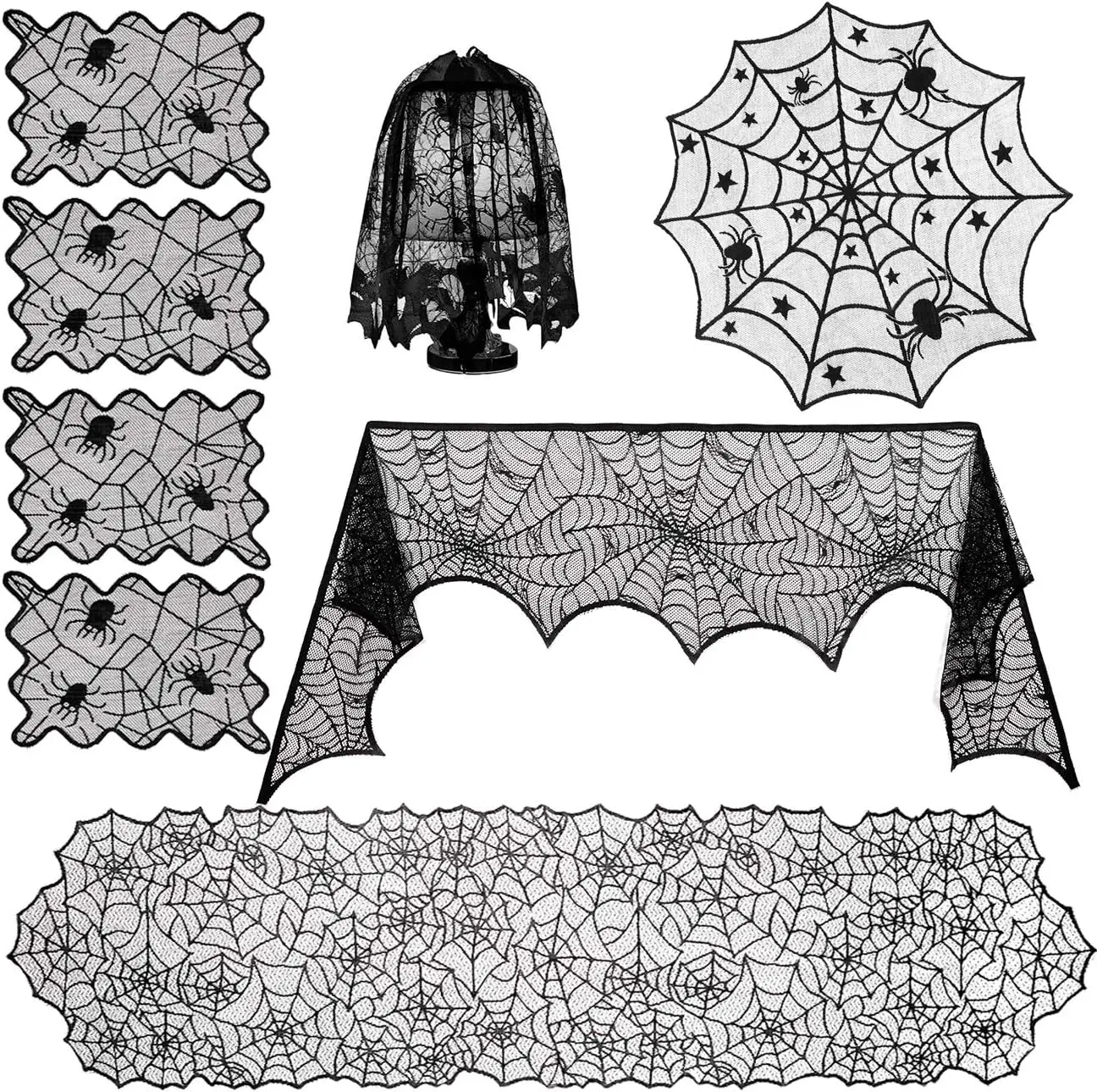 8-Pack Smooth Multi-Size Polyester Spooky Spider Cobweb Lace Home Supplies Decor Set - Kitchen & Indoor Halloween Decorations, Fireplace Mantel Scarf, Lace Table Runner, Round Table Cover, Spider Lampshade, Rectangular Placemat, Anti-Crease Dust Cover