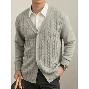 Mens Cable Knit Cardigan Sweater V Neck Casual Button Down Sweaters Long Sleeve Fall Outwear with Pockets
