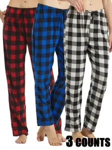Women's Plaid Sleep Pants Set with Pockets, 3 Pcs Casual Lounge Wear, Relaxed Lounge Set, Long Pants, Comfortable Home Shorts, Pajamas, Pajamas Sleepwear, Pjs, Loungewear, Knit, Nightwear for All Seasons, Womenswear