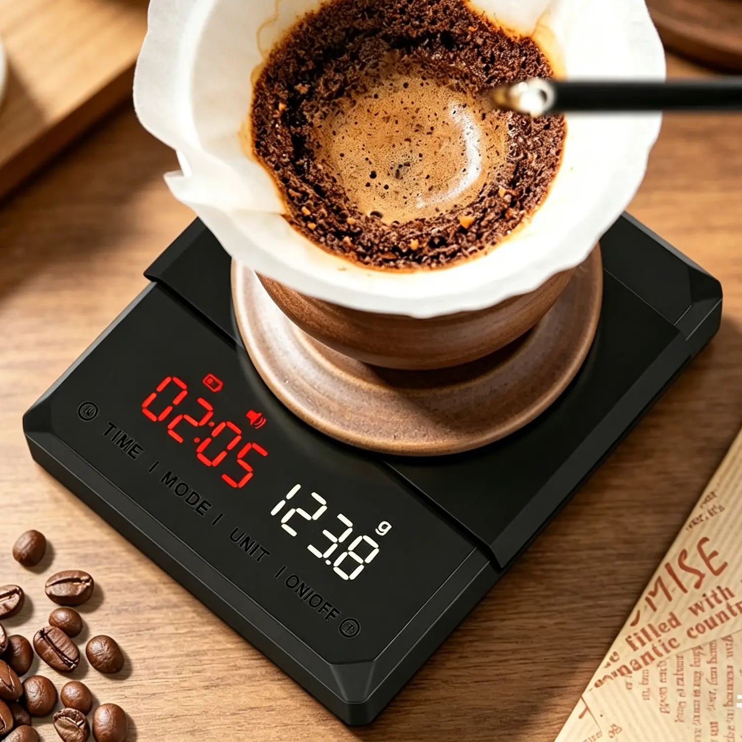 Mini Coffee Scale with Timer, USB-C Rechargeable Digital Scale, 2kg×0.1g High Precision, LED Display Auto Timer for Espresso Pour-Over Kitchen Use