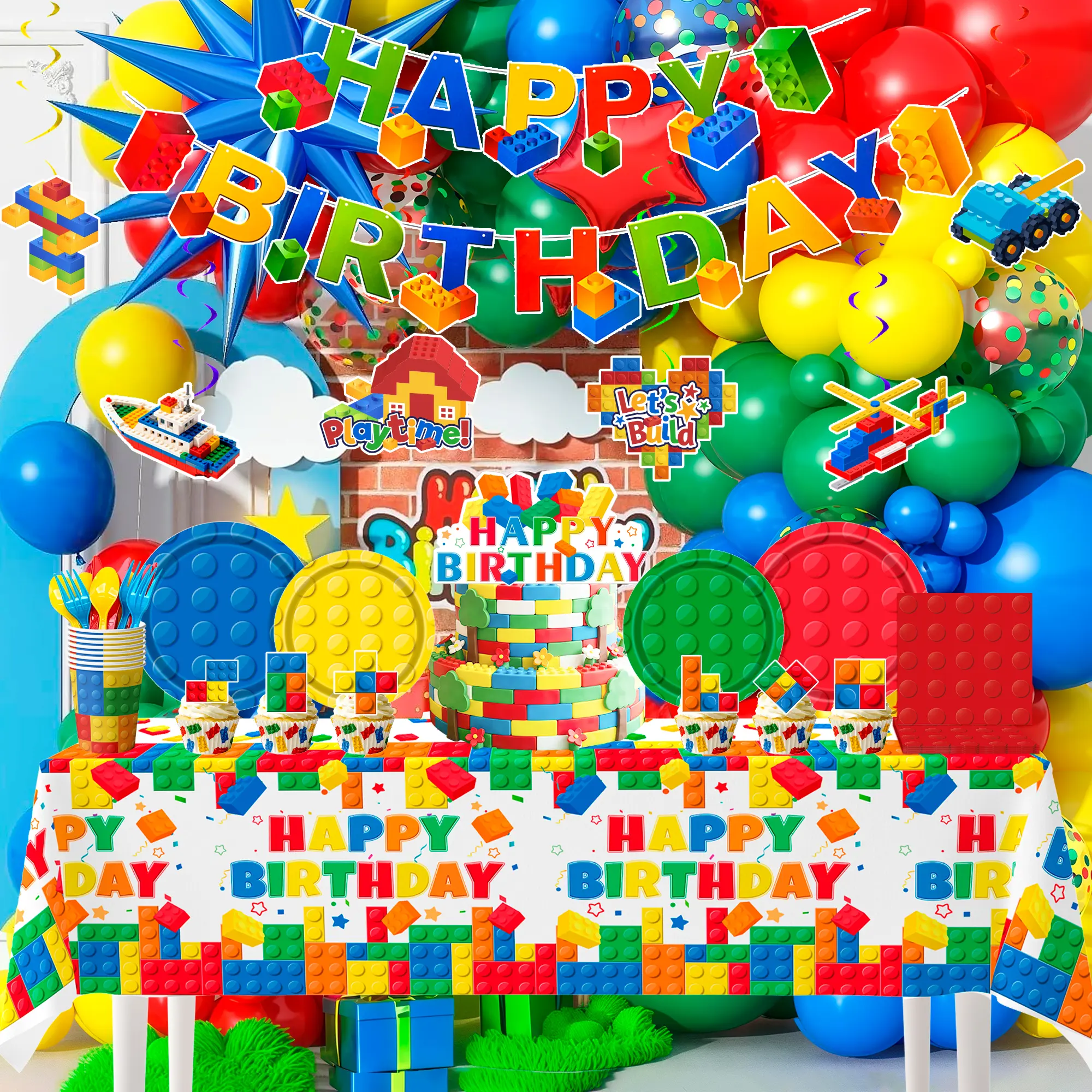 Building Blocks Birthday Decorations, 174pcs Building Block Birthday Party Supplies Set Includes Building Blocks Paper Plates Tablecloth Banner Balloon Backdrop Cake Topper etc Block Party Decorations