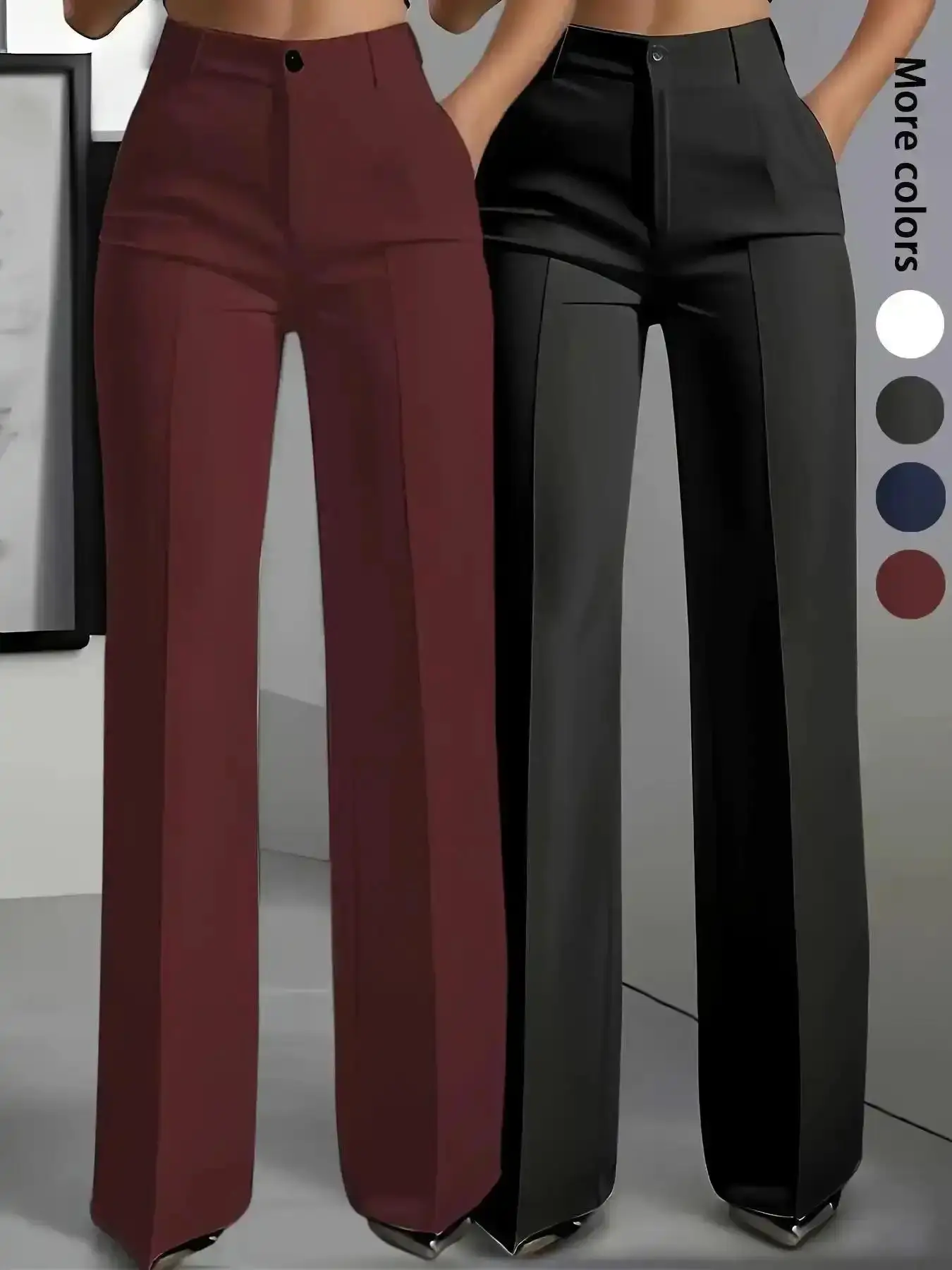2-Pack Women's Elegant Plain Straight-Leg Woven Pants, Zipper Fly, Pockets, All Seasons, Business Casual, Belt Compatible, Comfort, Versatile, Wear, Style, Outfit, Essential, Trendy, Chic, Classy, Modern