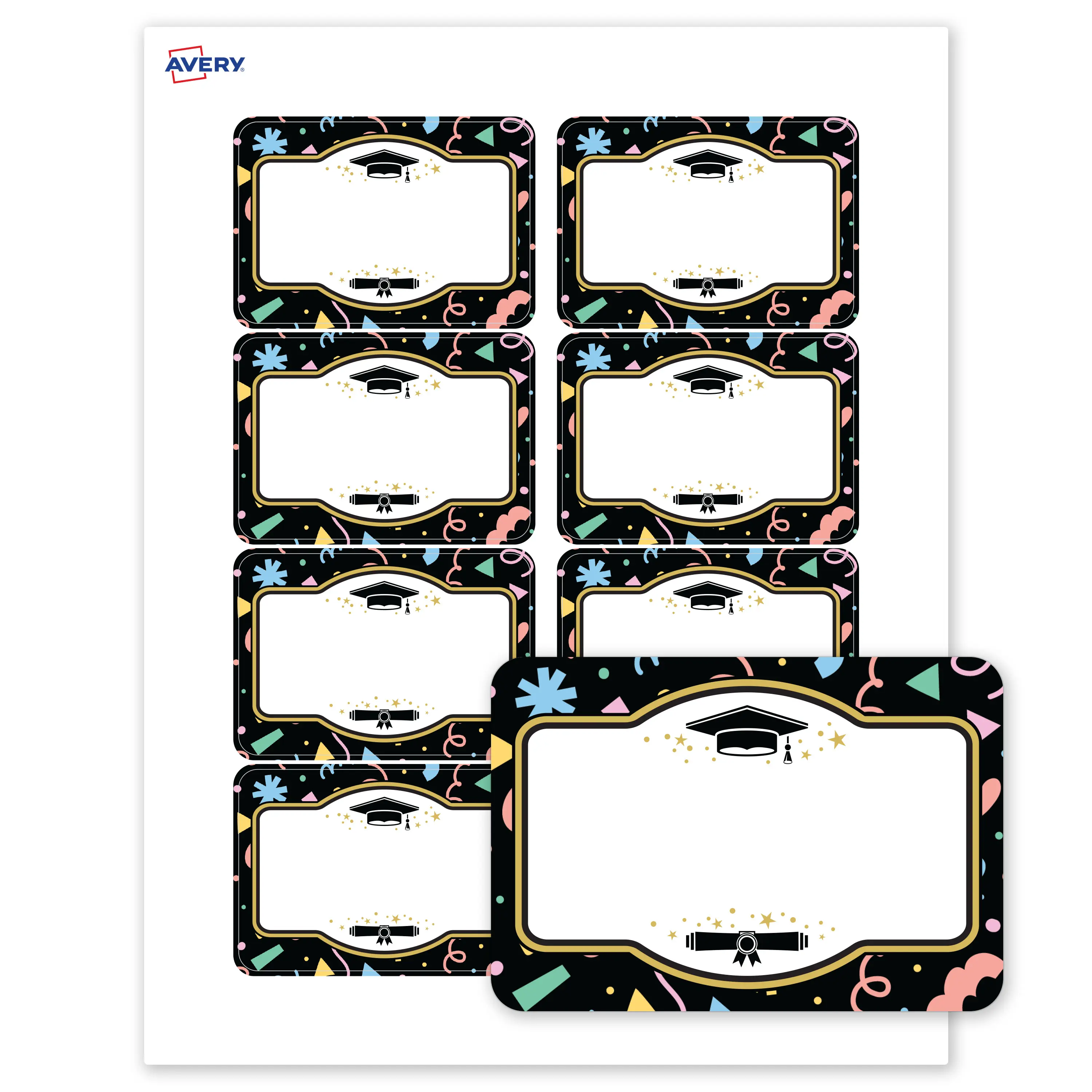 Avery® Printable Adhesive Name Tags Name Badges, 2-1/3" x 3-3/8", Matte White, Pre-printed Gold & Confetti Graduation Design Great for Grad Parties, Laser & Inkjet Compatible, 160 Total