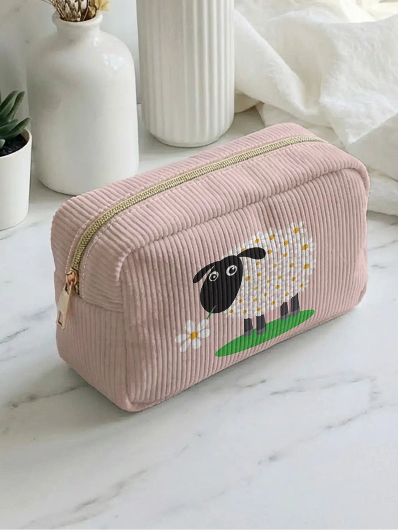 1 piece of flower sheep pattern 2D printed makeup bag, Cosmetic Pouch, Makeup Storage Organizer, large capacity design | All-season use/Scene versatile | Fits daily skincare and various cosmetics | Perfect for life and travel