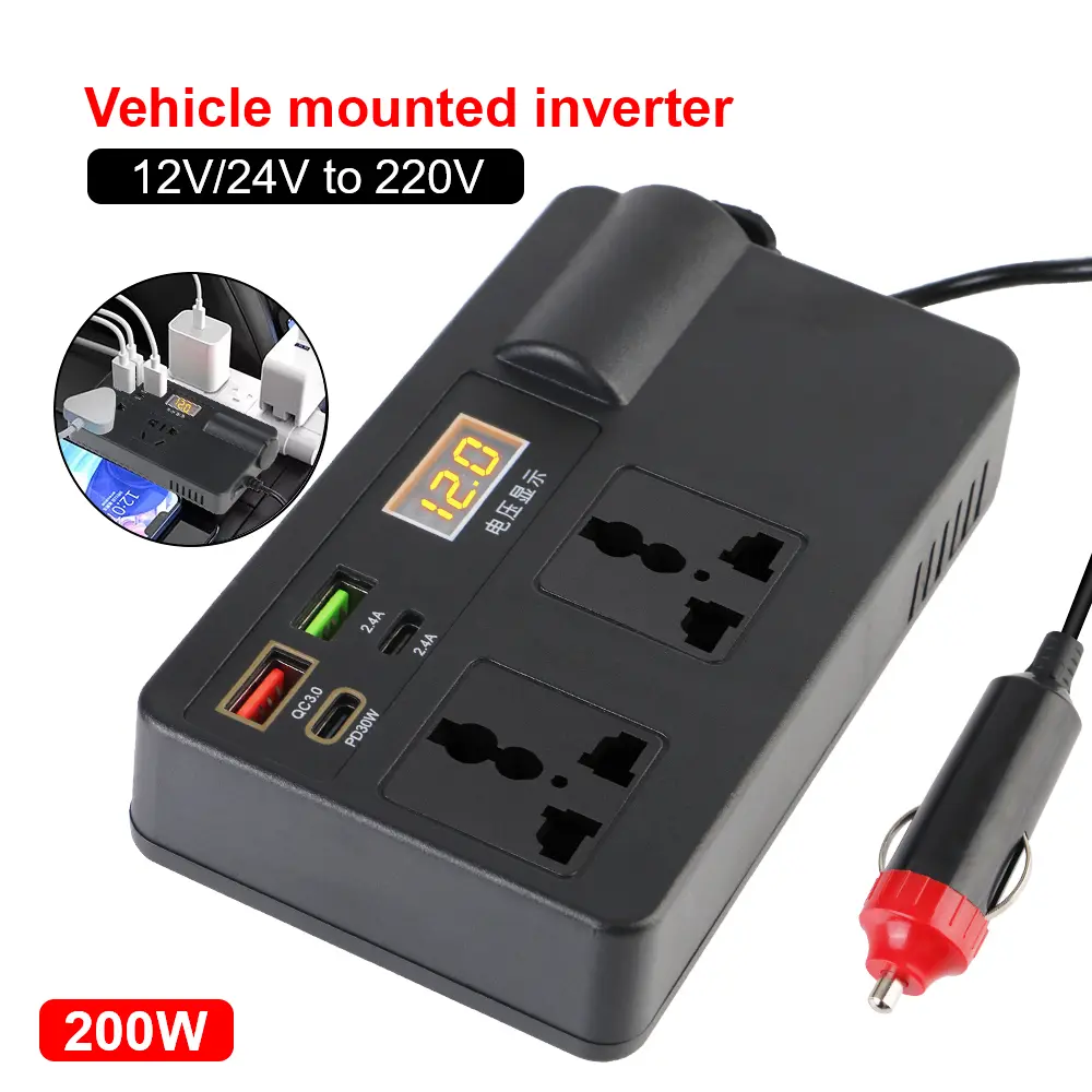 Plastic 200W Fast Charging General Car Cigar Lighter Adapter Inverter, DC 12V/24V to 220V Converter with 7 Ports, PD Type-C USB Chargers & AC Socket