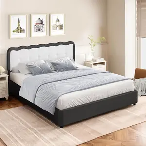 [summervibes] HOMBCK Boucle Bed Frame, Upholstered Platform Bed with Cloud Headboard, Anti-Collision Soft Rounded Corners, No Box Spring Required, Easy Assembly