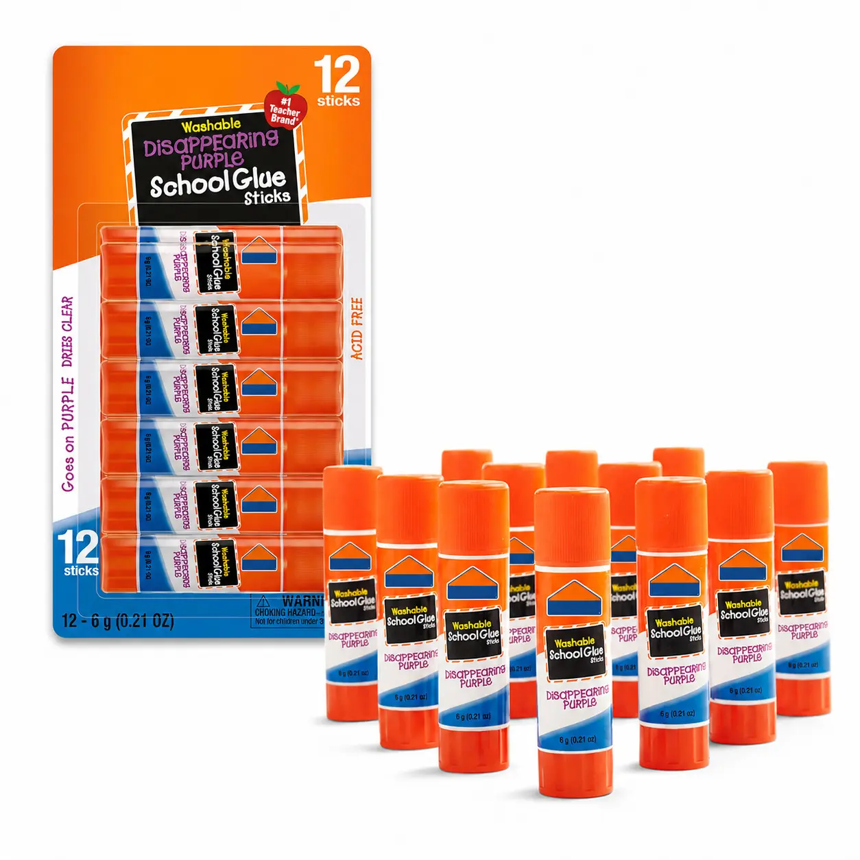 Disappearing Purple School Glue Sticks, Washable, 6g, 12-Count #1 Teacher Brand Adhesives - Arts & Crafts, Back to School Projects