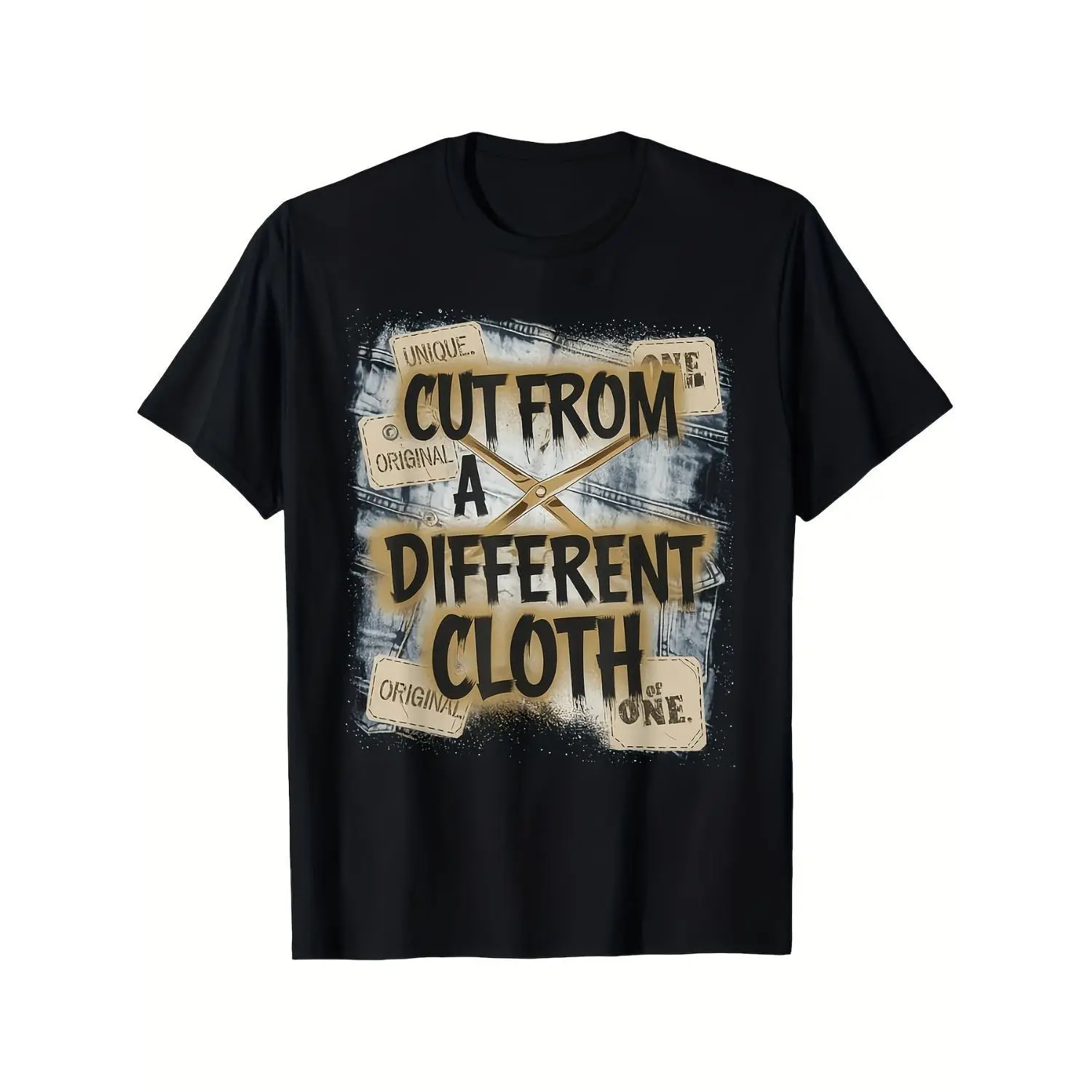 Women's Short-Sleeve Streetwear Crew Neck Cotton T-Shirt, Heavyweight Casual Top with Distressed "Cut from a Different Cloth" Humorous Hip Hop Graphic, Available in Orange & Black for Comfortable Style, Shortsleeve, Tshirt, Breathable Cotton, Graphic Prin