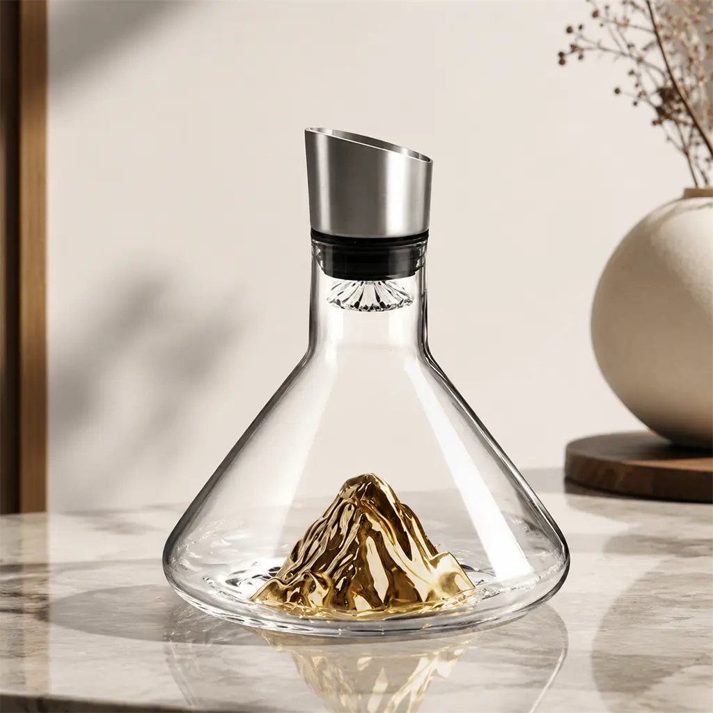 Iceberg Wine Decanter, 215 mm Elegant Glass Carafe with Gold Mountain Design, 360° Aerator, Filter and Stainless Steel Stopper for Aesthetic Wine Serving