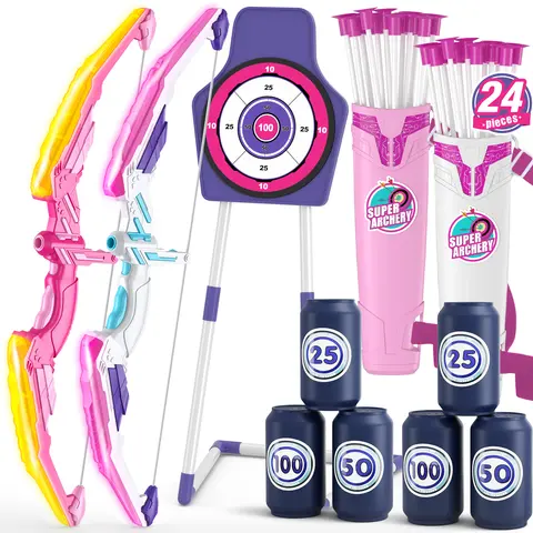2 Pack Bow and Arrow for Kids, LED Light Up Archery Set with 24 Suction Cup Arrows, 2 Hanging Targets, 6 Score Targets & 2 Quiver,Sport Gifts for Girls，Christmas and Birthday Gifts,familyfun