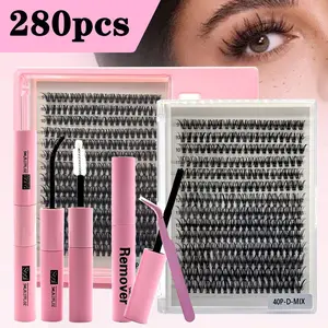 280pcs DIY Lash Cluster False Eyelash Extension Kit 40d D-curl, 9mm-16mm, Waterproof and Long-lasting, Including Seal & Bond, Eyelash Glue Remover, Tweezers, Suitable for Home Use, Dating, Travel, Eyelash Tools