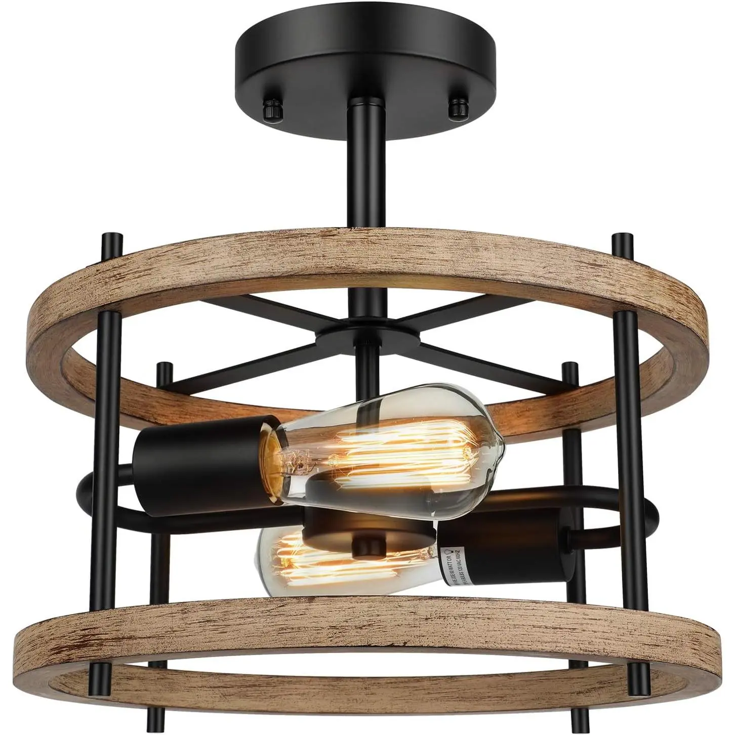 2-Light Retro Semi Flush Mount Ceiling Light Fixture, Rustic Vintage Wood Ceiling Light Black Metal, Industrial Farmhouse Ceiling Lamp for Hallway Entryway Bedroom Balcony Farmhouse Dining Room