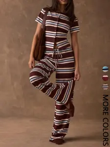 Women’s Contrast Stripe Knit Co-ord Set, Crew Neck Short Sleeve Button Front Top & Elastic Drawstring Wide Leg Pants, Soft Stretchy Drapey Fabric, Casual Daily Loungewear & Commute Outfit, Womenswear