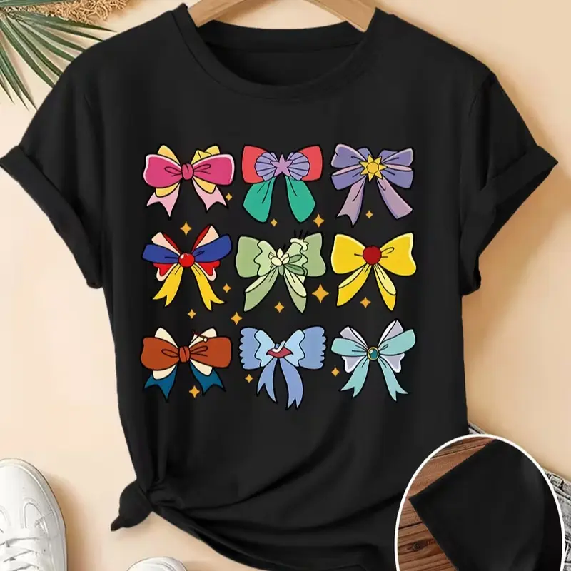 Colorful Cute Bow Collection Graphic T-Shirt Coquette Aesthetic Multi Bows Women Casual Short Sleeve Tee