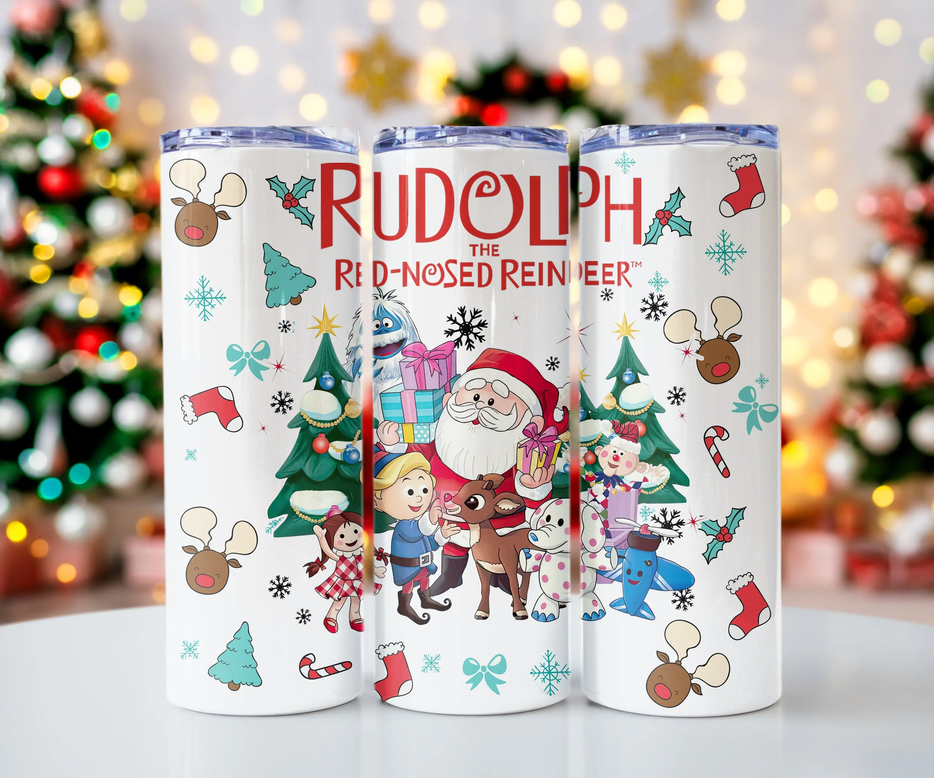20 oz Stainless Steel Skinny Tumbler Flask - Christmas Rudolph The Red-Nosed Reindeer Printed, Portable Reusable, with Silicone Lid and Straw