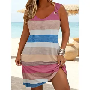 Summer fashion elegant striped ethnic print sleeveless V-neck loose plus size women's dress, casual wear, casual style natural waist, casual bohemian dressRAIMENTRY