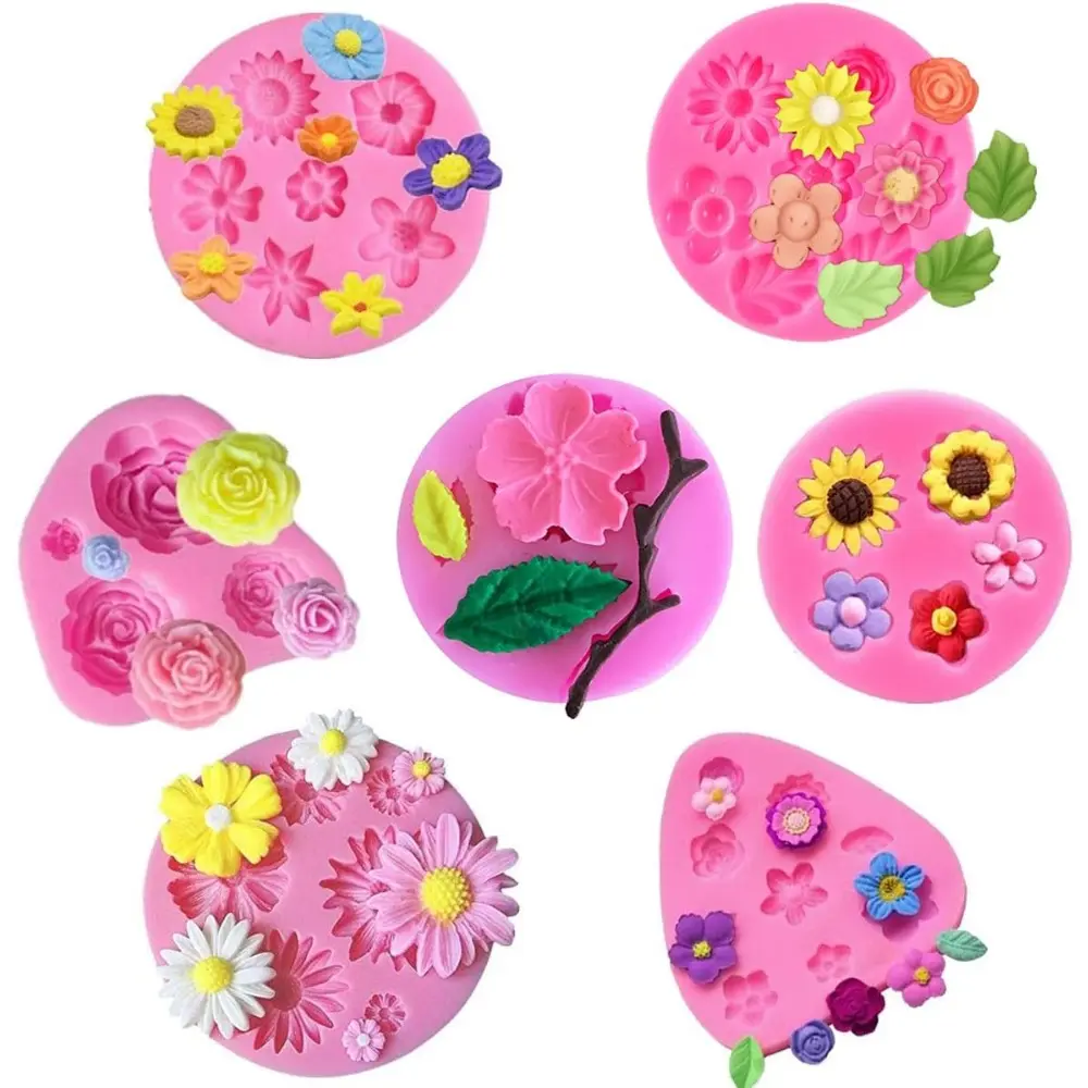 7-Piece Food-Grade Reusable Flexible Flower Fondant Silicone Bakery Molds Set - Non-Toxic Chocolate Candy Molds for Cake Decorating, Polymer Clay Projects for Craft Enthusiasts (7 Different Pieces)