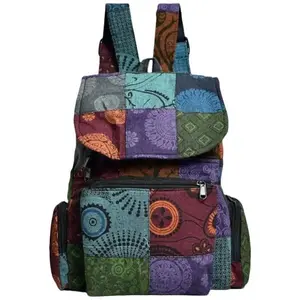 Unique Himalayan Mixed Patch Design Handmade 100% Cotton Festival Backpack - 15 Inches