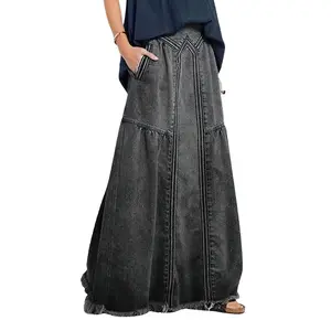 CHARTOU Women's A-line Long Denim Skirt Vintage Stretch High Waist Frayed Denim Skirt with Pockets Maxi Black