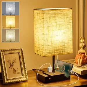 Table Lamps with Two Phone Stands and AC Outlet LED Bulb Included 3 Color Temperatures - 2700K 3500K 5000K Pull Chain Nightstand Bedside Table Lamps , Lamps for Kids Reading Bedroom Office Bedroom