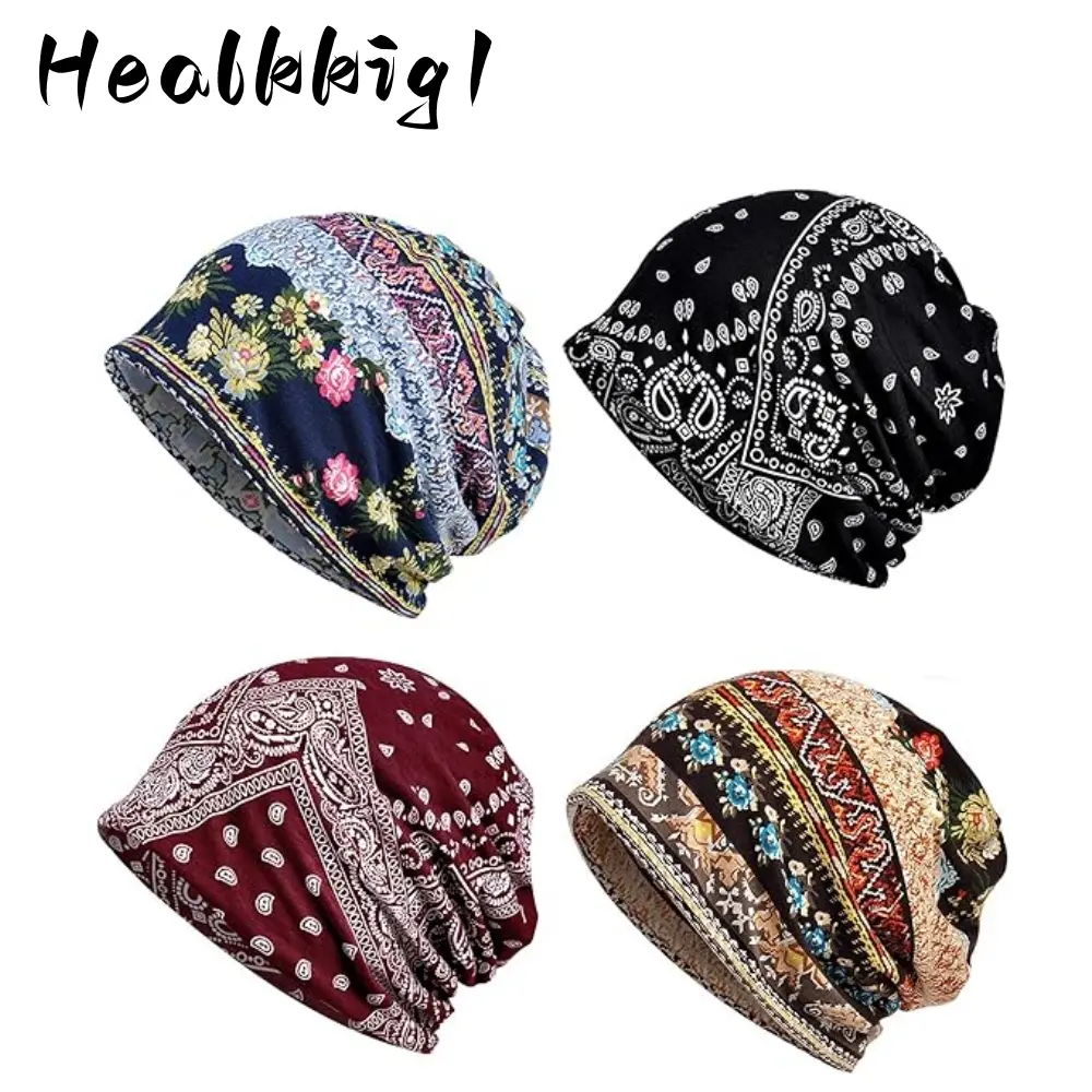 4 Pack Unisex Slouchy Beanie Hats, Reversible Hip-Hop Style Cotton Blend Skull Caps for Large Heads, Lightweight & Double Layered, Hat
