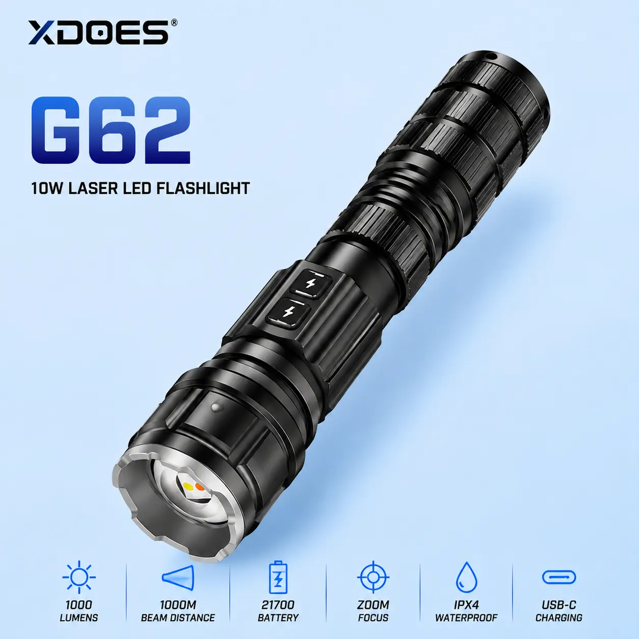 XDOES G62 Tactical Flashlight 1000 Lumens, 1000M Long Range Laser LED Flashlight, 21700 Rechargeable Battery, Dual Switch Zoom Flashlight for Camping Hiking Hunting Emergency