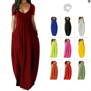 Women's Casual V Neck Maxi Dress Short Sleeve Loose Fit Long Dresses Summer Sundress with Pockets Plus Size, Beach, Polyester