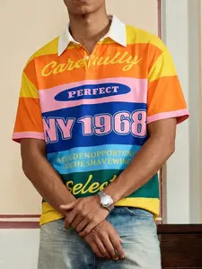 Men's 80s 90s Loose Colorful Striped Polo Shirt, Pattern Print Casual Top, Casual Comfy Collared, Street Style Summer, Comfortable and Stylish
