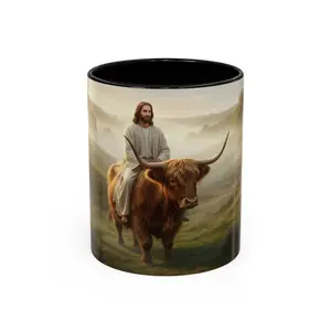 Jesus Riding Highland Cow Coffee Mug — Inspirational Christian Accent Mug (11/15oz)