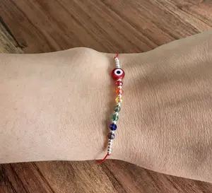 Red Thread Adjustable bracelet, .925 silver and glass beads, chakras