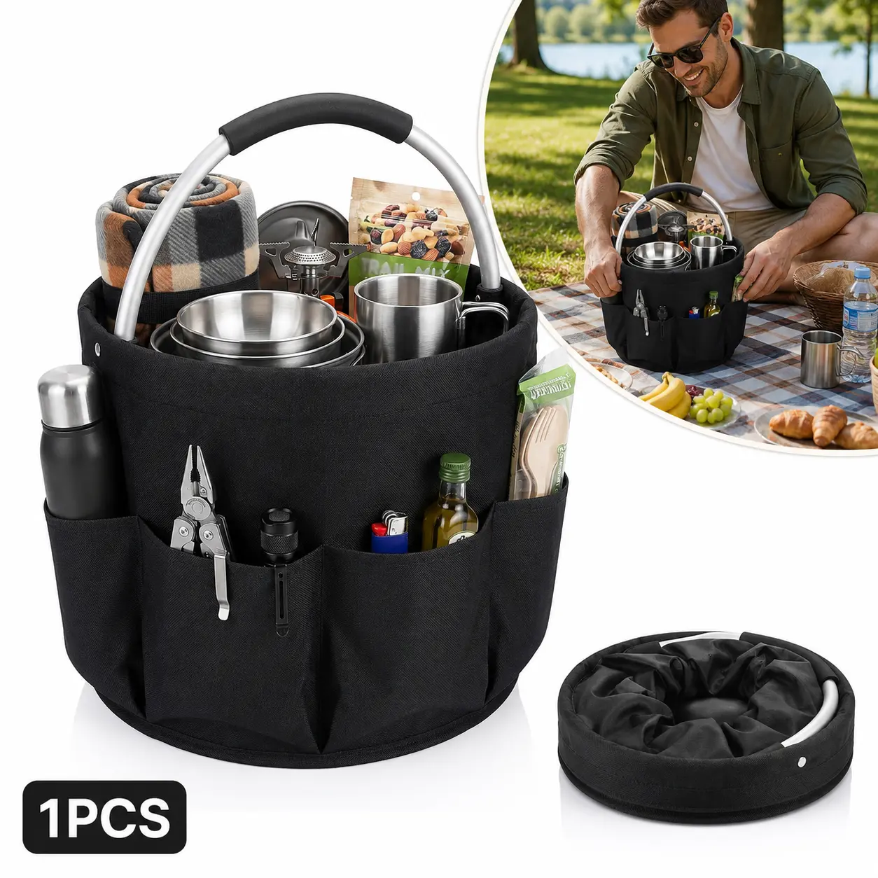Foldable Picnic Basket with Handle, Collapsible Large Storage Basket for Outdoor Picnic Camping Shopping Travel & Home Organization