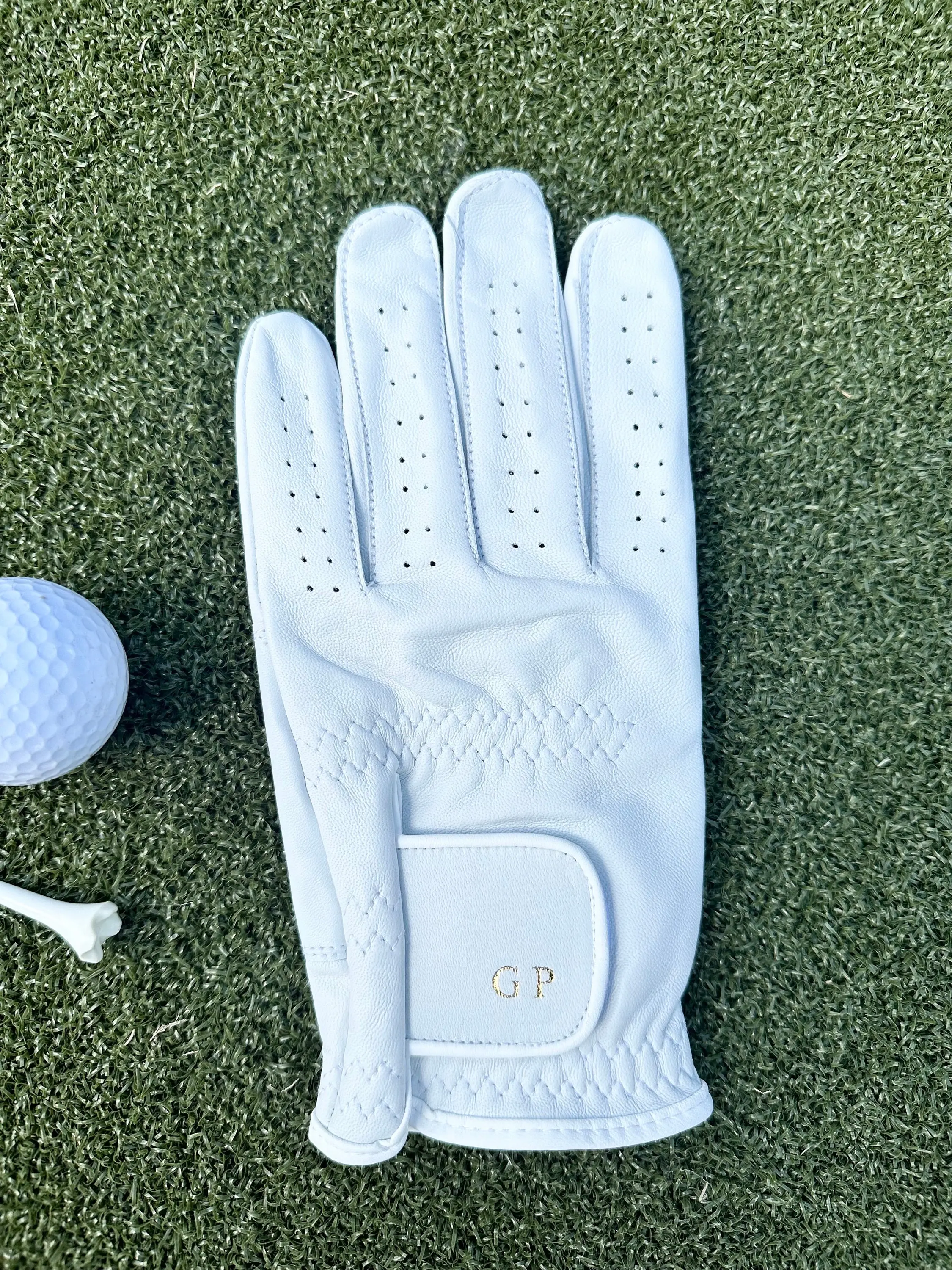 Mens white leather customized initial monogram golf glove, luxury personalized gift for golf lovers