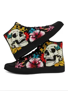 Women's Halloween Themed Lace Up Sneakers, Cartoon Ghost/Skull & Floral & Butterfly Print High Top Canvas Shoes, Casual Comfortable Lightweight Athletic Sports Shoes for Daily Wear, Casual Jogging Shoes