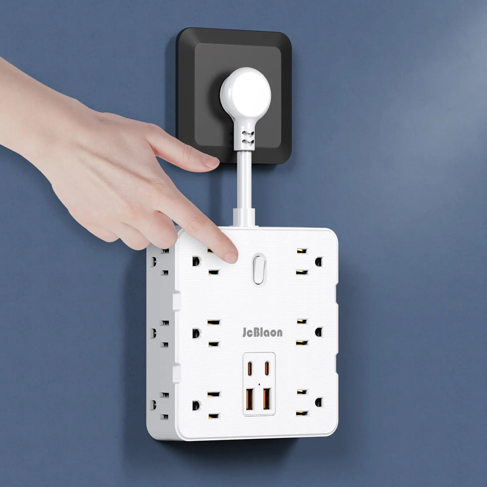 JcBlaon 16-in-1 Multiplug Wall Outlet Surge Protector Power Strip - 12 AC Us Plug Sockets, 2 USB-A, 2 USB-C Ports, Independent Switch, Overload Safe, Short Extension Cord, Plug Into Wall Sockets, for Indoor Home, Office Use