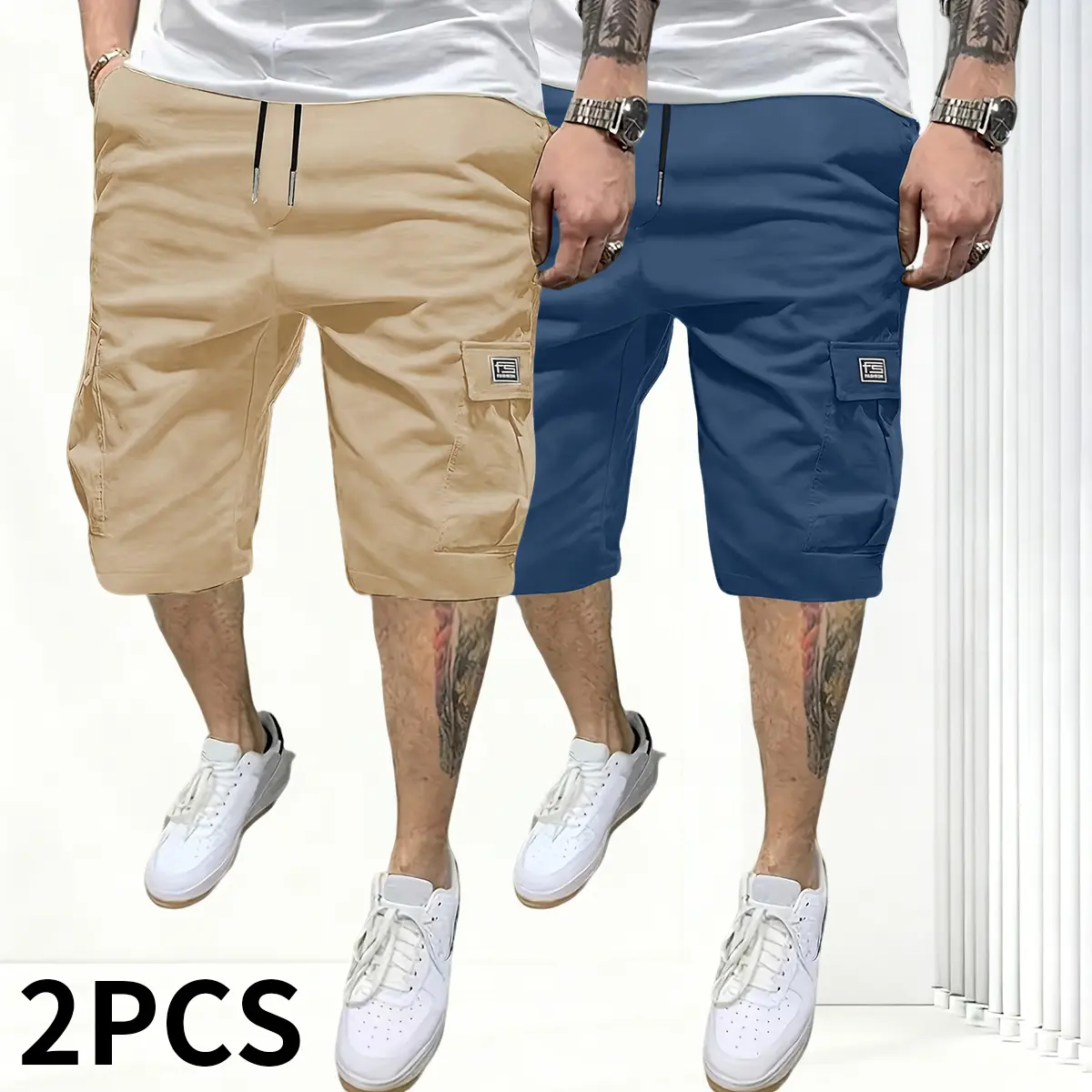 Men’s 2-pack cargo shorts with letter patches, flap pockets, drawstring waist, loose fit—four-way stretch cargo shorts suitable for sports, running, and workouts; men’s knee-length shorts.