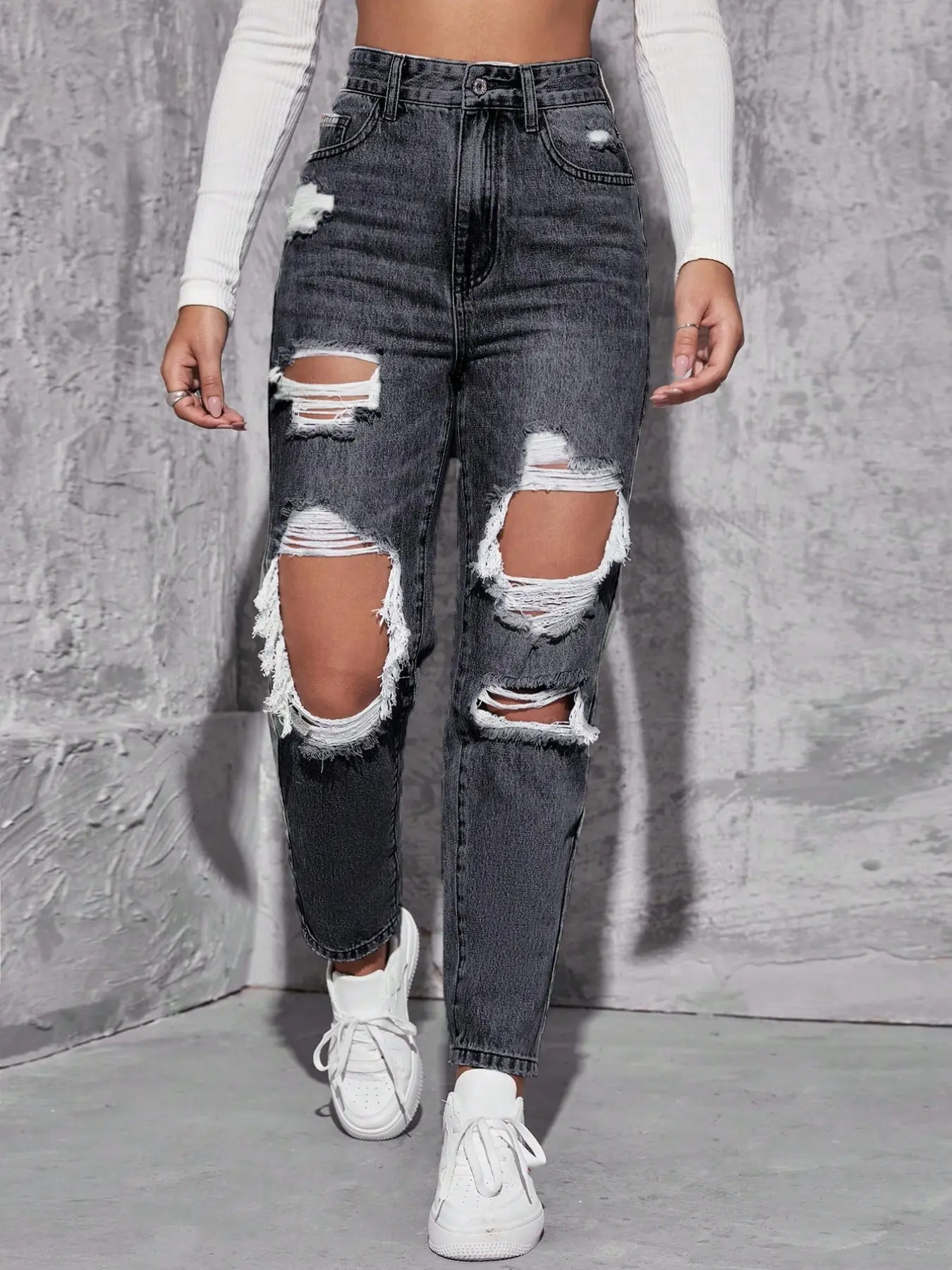 Women's High Waist Ripped Vintage Light Wash Straight Leg Loose Fit Everyday Jeans, Casual Long Pants, Trendy Boyfriend Style, Street Style, Comfortable Soft Denim Bottoms