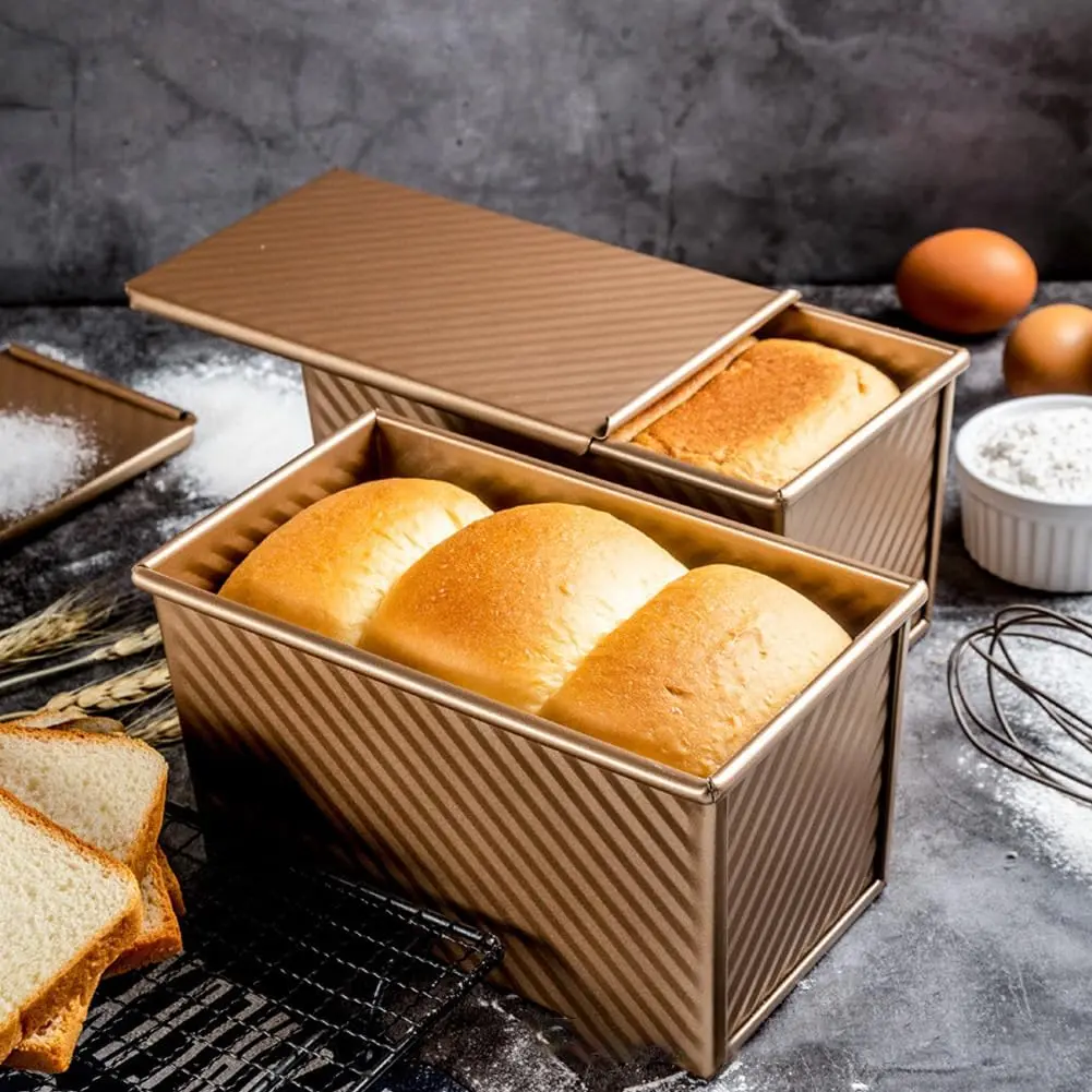 Pullman Loaf Pan with Lid, 1 lb Dough Capacity Non-Stick Bakeware for Baking Bread, Carbon Steel Corrugated Bread Toast Box Mold with Cover for Baking Bread, Gold