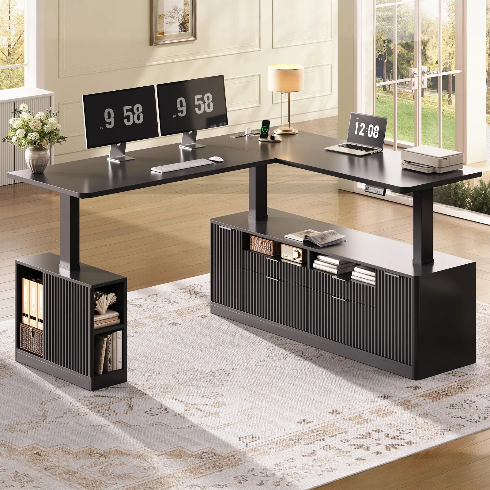 Sedeta 69-Inch L-Shaped Electric Standing Desk - Ergonomic Home Office Contemporary Executive Furniture, 4 Smooth Slide Drawers, Storage Shelves, Fluted Surface, Power Outlet, USB Ports, Adjustable Height Range Display, Energy-Efficient Design