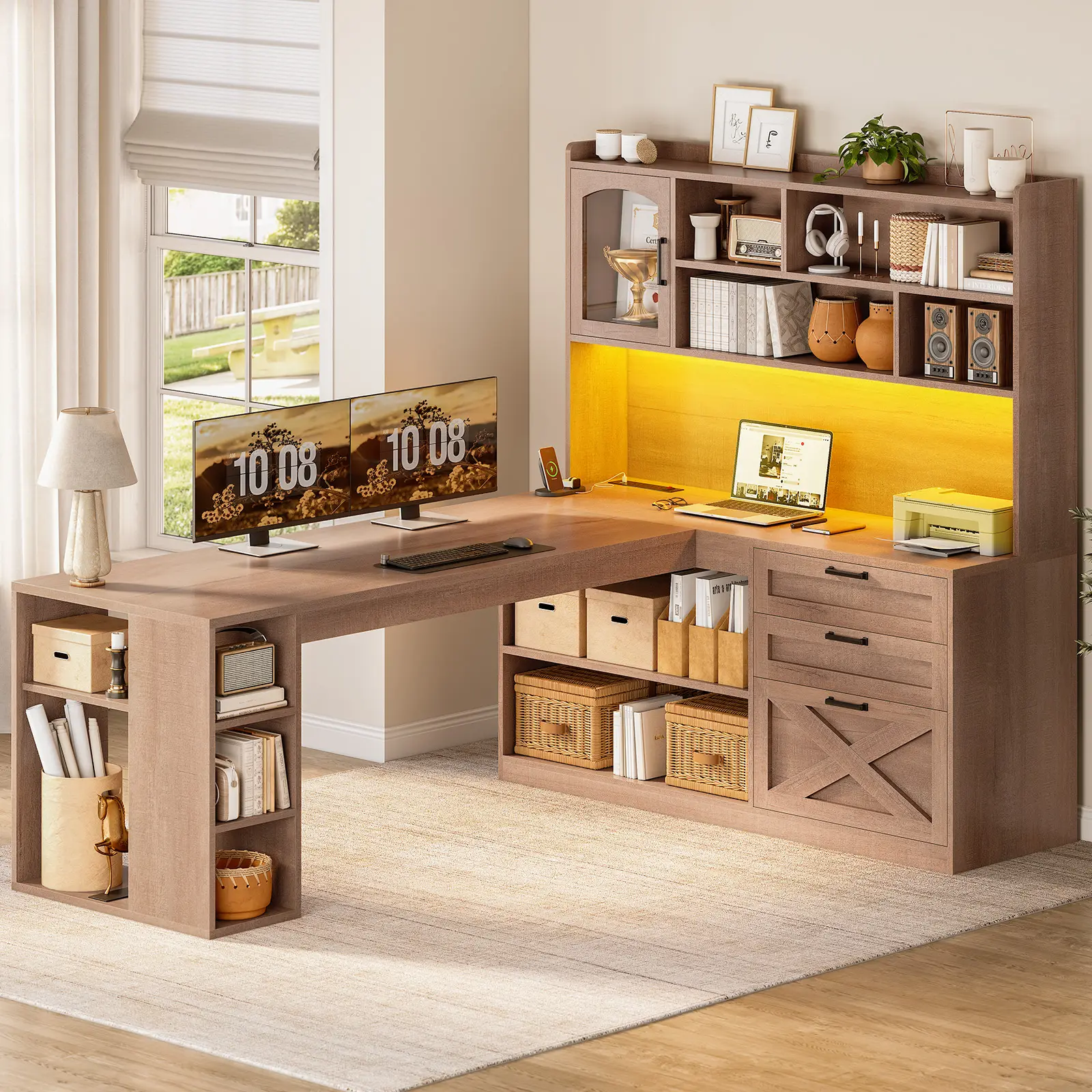 Sedeta 61-Inch Farmhouse L-Shaped Corner Desk - Engineered Wood Rustic Office Computer Gaming Desk with Display Cabinet, Drawers for Bedroom, Shelves, LED Light, Power Outlet, Corner Desks Sedeta 61-Inch Farmhouse L-Shaped Corner Desk - Engineered Wood Rustic Office Computer Gaming Desk with Display Cabinet, Drawers for Bedroom, Shelves, LED Light, Power Outlet, Corner Desks