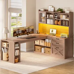 Sedeta 61-Inch Farmhouse L-Shaped Corner Desk - Engineered Wood Rustic Office Computer Gaming Desk with Display Cabinet, Drawers for Bedroom, Shelves, LED Light, Power Outlet, Corner Desks