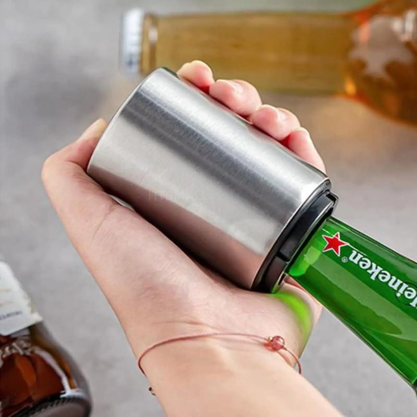Compact Magnetic Automatic Stainless Steel Push-Down Beer Opener with Plastic Cap Catcher, No-Slip Grip, Quick Opening - Premium Kitchen Utensil Gadget for Fishing, Party, Traveling, Perfect Gift for Dads, Glass Bottle
