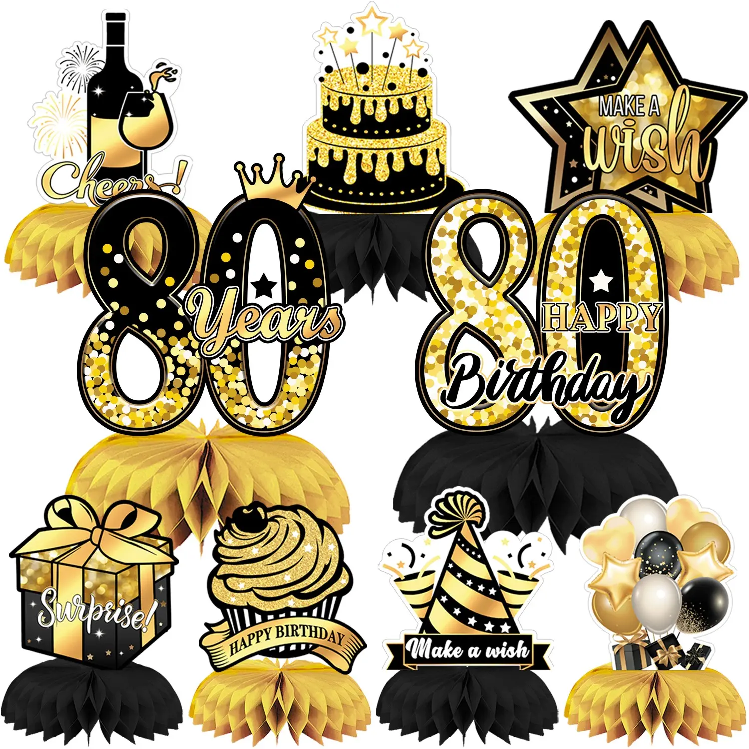 9 Pcs 3D Black Gold 80th Birthday Centerpiece Decorations Table Decor Table Centerpieces for Party Cheers to 80 Years Celebration Supplies