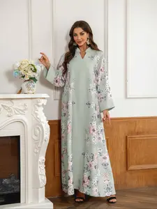 Women's Long Robe with Print and Beads, Long Sleeves, Plus Size Dress, Fashionable Outerwear, Elegant and Stylish, Elegance, Perfect for Special Occasions, Plant
