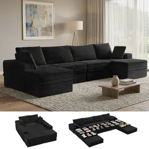 NABUMI 142" Modular Sectional Sofa with Storage, 27" Deep Seat Memory Foam Corduroy 6-Seater Oversized U-Shaped Cloud Couch with Ottoman, Free Combination, Tool-Free Assembly, 3-Package Shipping, Couches for Living Rooms (Black, Beige, Dark Gray, Green)