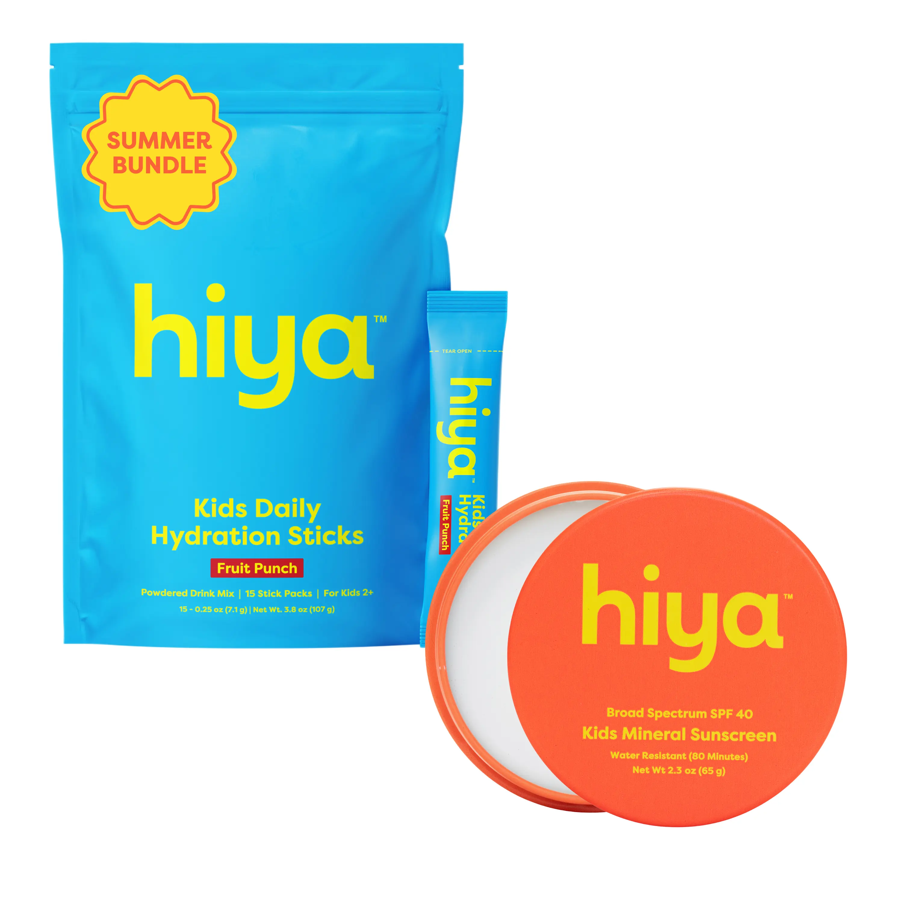 Hiya Summer Bundle (TikTok Exclusive) – Kids Hydration Sticks + Mineral Sunscreen, Zero Sugar Electrolytes + Safe Sun Protection for Kids